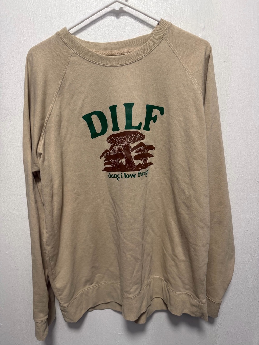 Beige Graphic Long Sleeve Crewneck Sweatshirt - 'DILF' Mushroom Print